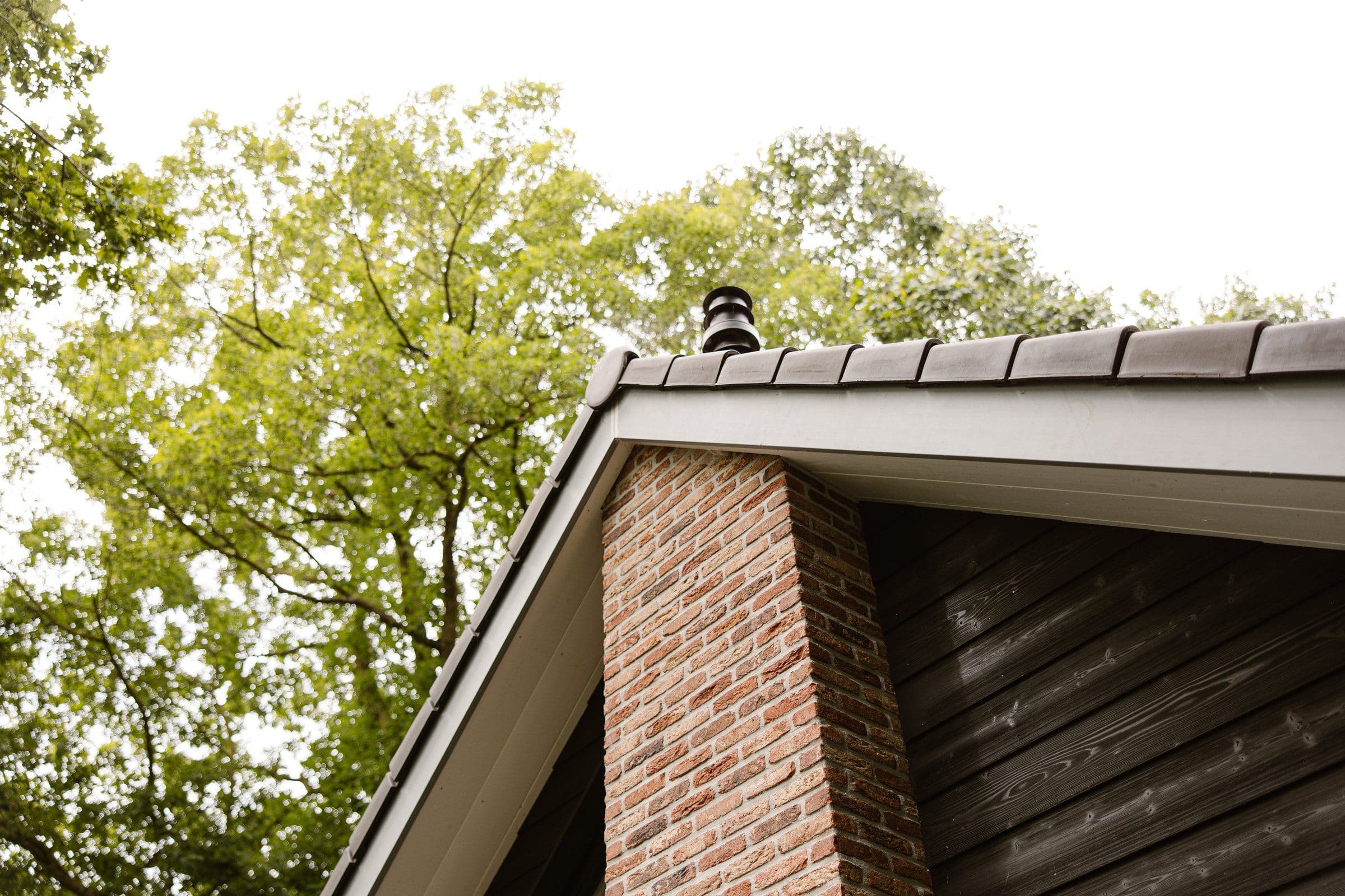 Dakgoot van een huis met bakstenen schoorsteen en groene bomen op de achtergrond