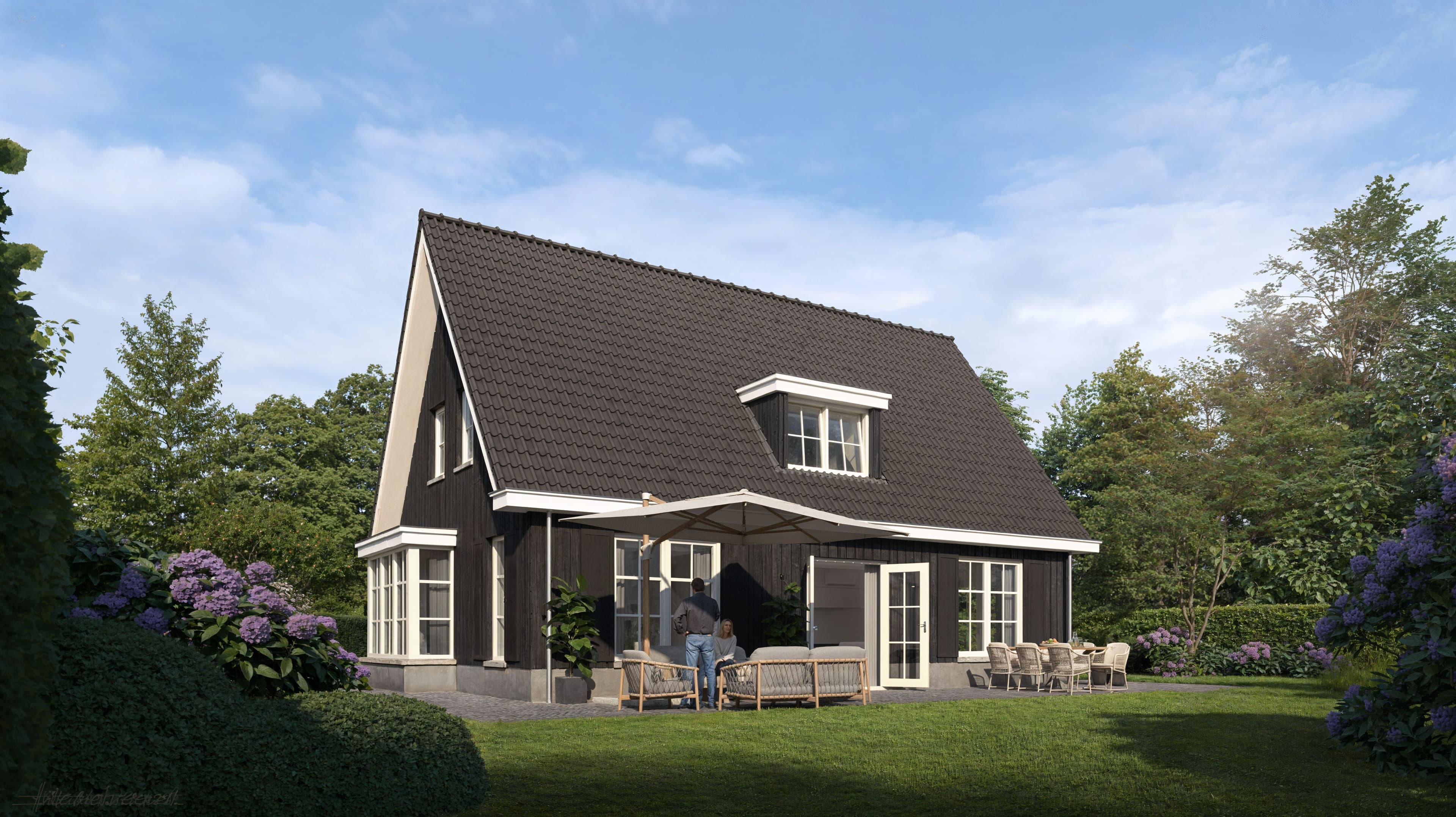 Zwarte houten woning met schuin dak, dakkapel en terras met tuinmeubels en parasol, omgeven door groen en hortensia's